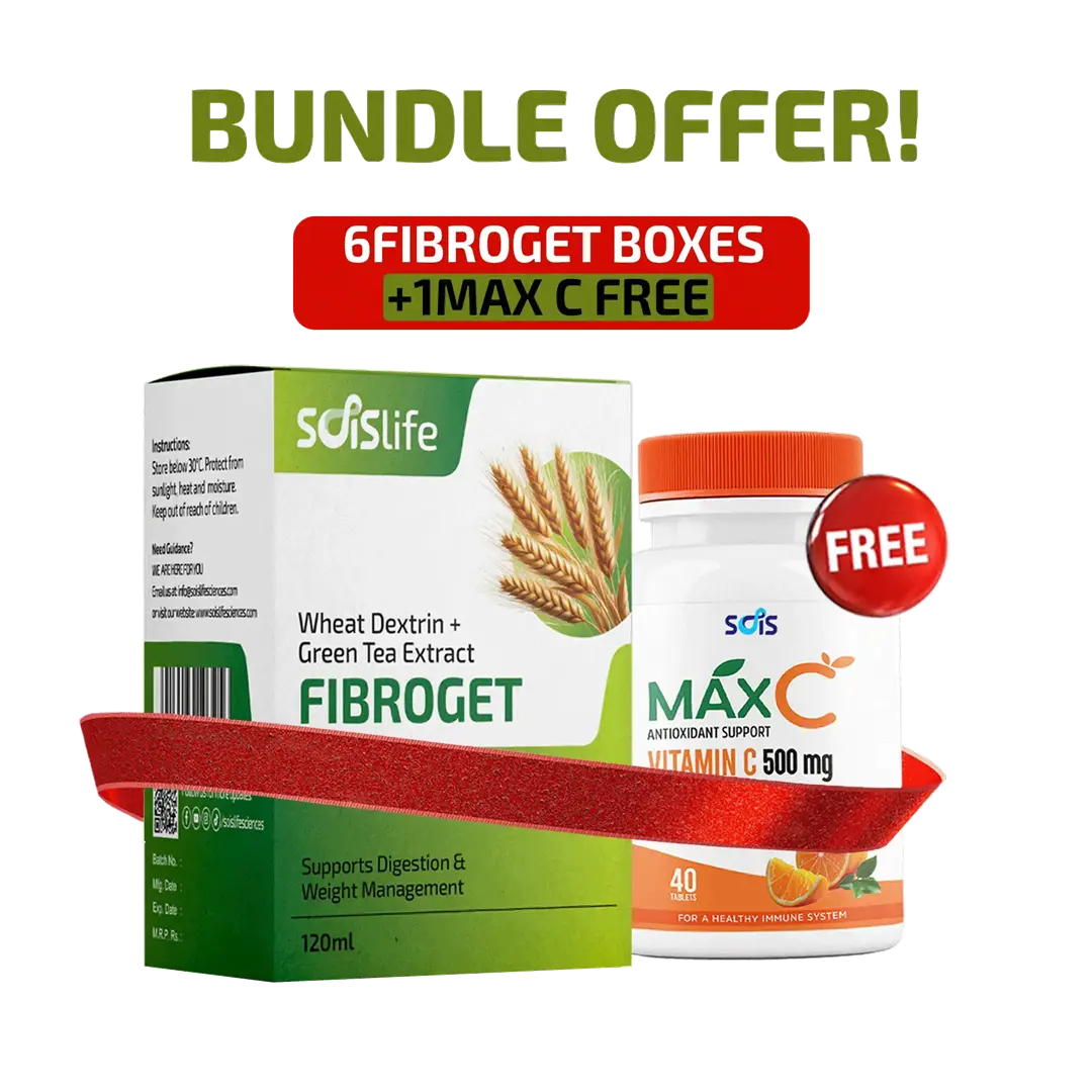 Fiber supplement box and vitamin C bottle with 'Bundle Offer' text on a white background