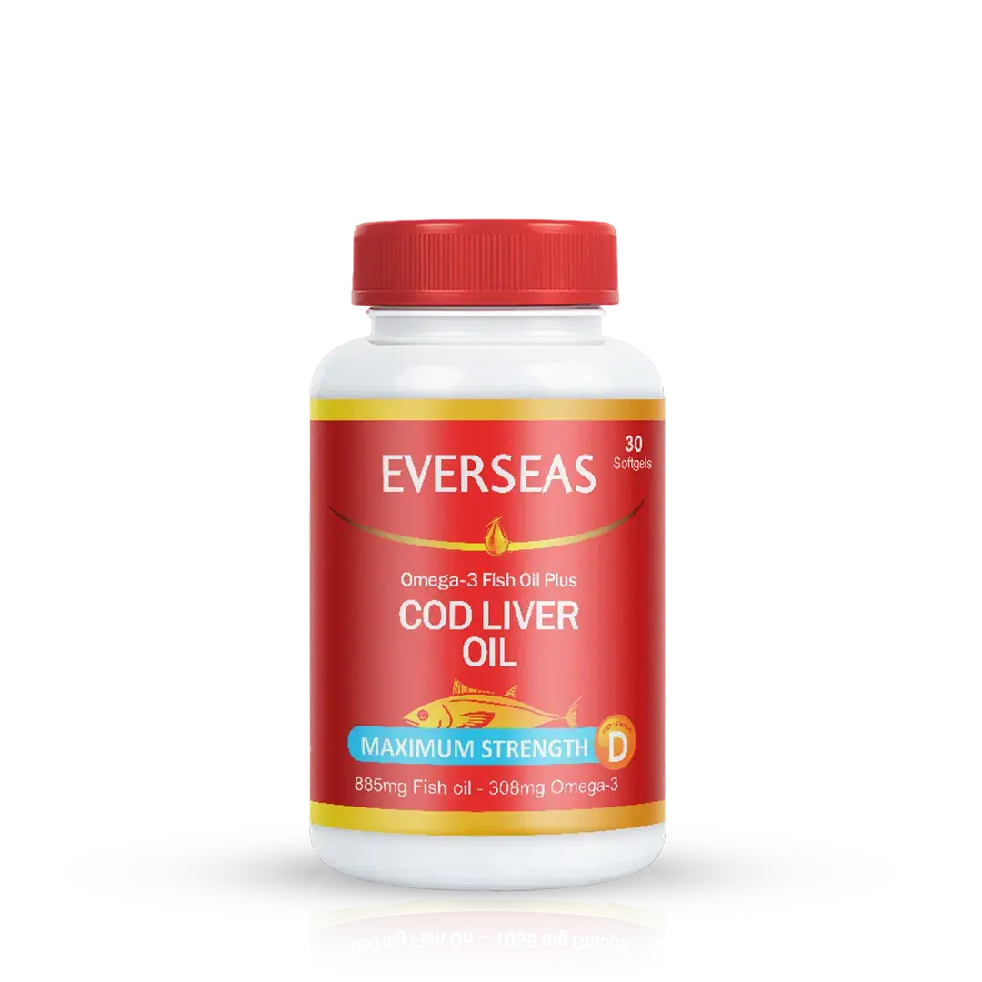 Everseas Cod Liver Oil bottle with red cap and label on a white background