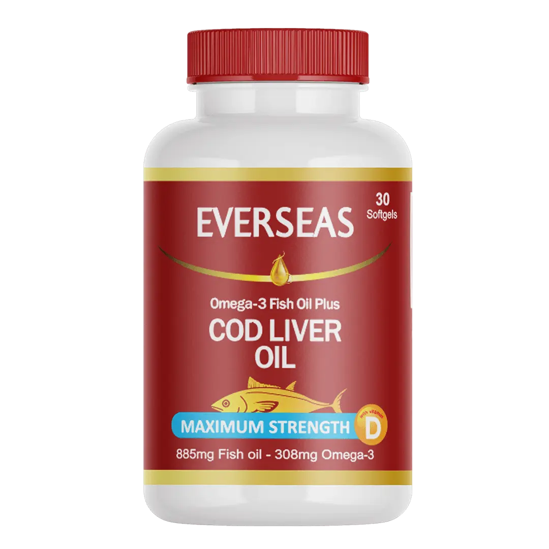 Everseas Cod Liver Oil bottle with red cap and label on a white background