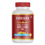 Everseas Cod Liver Oil bottle with red cap and label on a white background