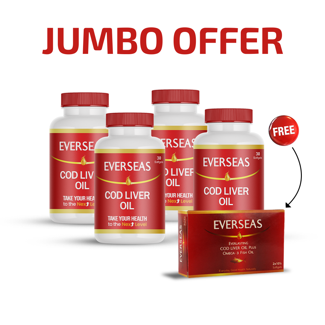 Evereseas Cod Liver Oil bottles with a free box offer on a white background