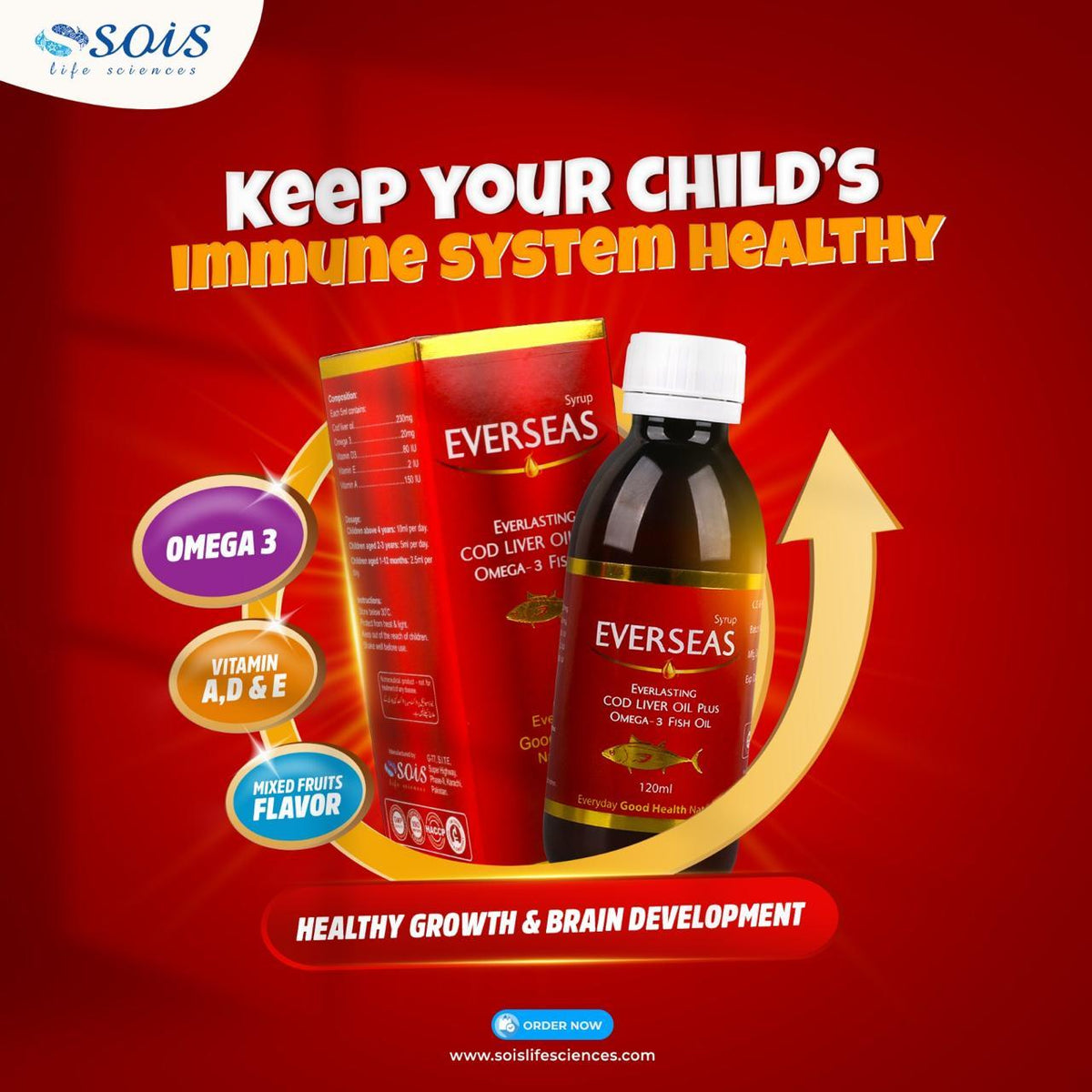 Everseas Cod Liver Oil Syrup for Kids - Fruity Flavour - Sois Life Sciences