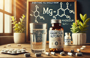 Bottle of magnesium glycinate supplement with a glass of water on a wooden table, educational chart in the background.