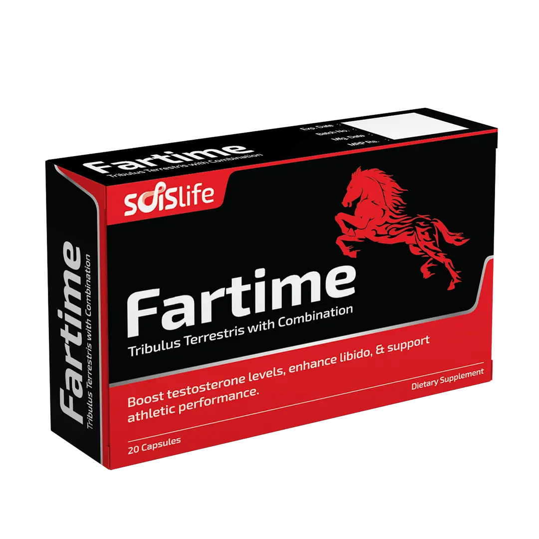 Box of Solslife Fartime dietary supplement with red and black design.
