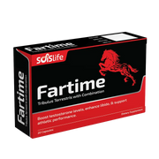 Box of Solslife Fartime dietary supplement with red and black design.