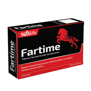 Box of Solslife Fartime dietary supplement with red and black design.