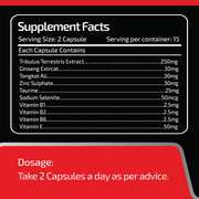 Supplement facts label with detailed ingredient list and dosage instructions on a black and red background.