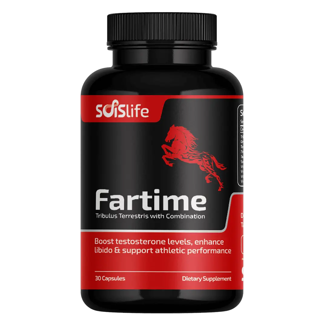 Supplement bottle labeled 'Fartime' with a black and red design on a white background