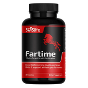 Supplement bottle labeled 'Fartime' with a black and red design on a white background