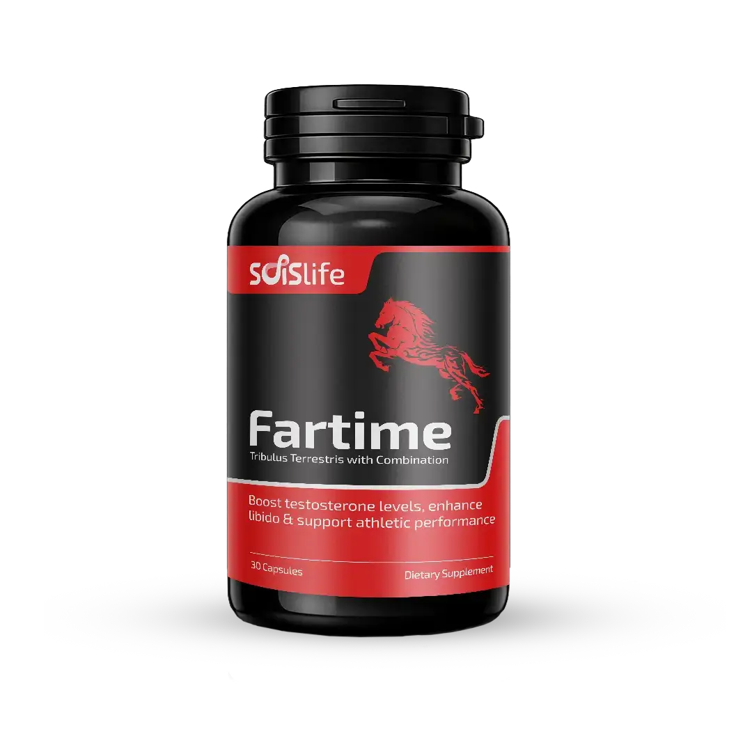 Supplement bottle labeled 'Fartime' with Soislife logo on a white background