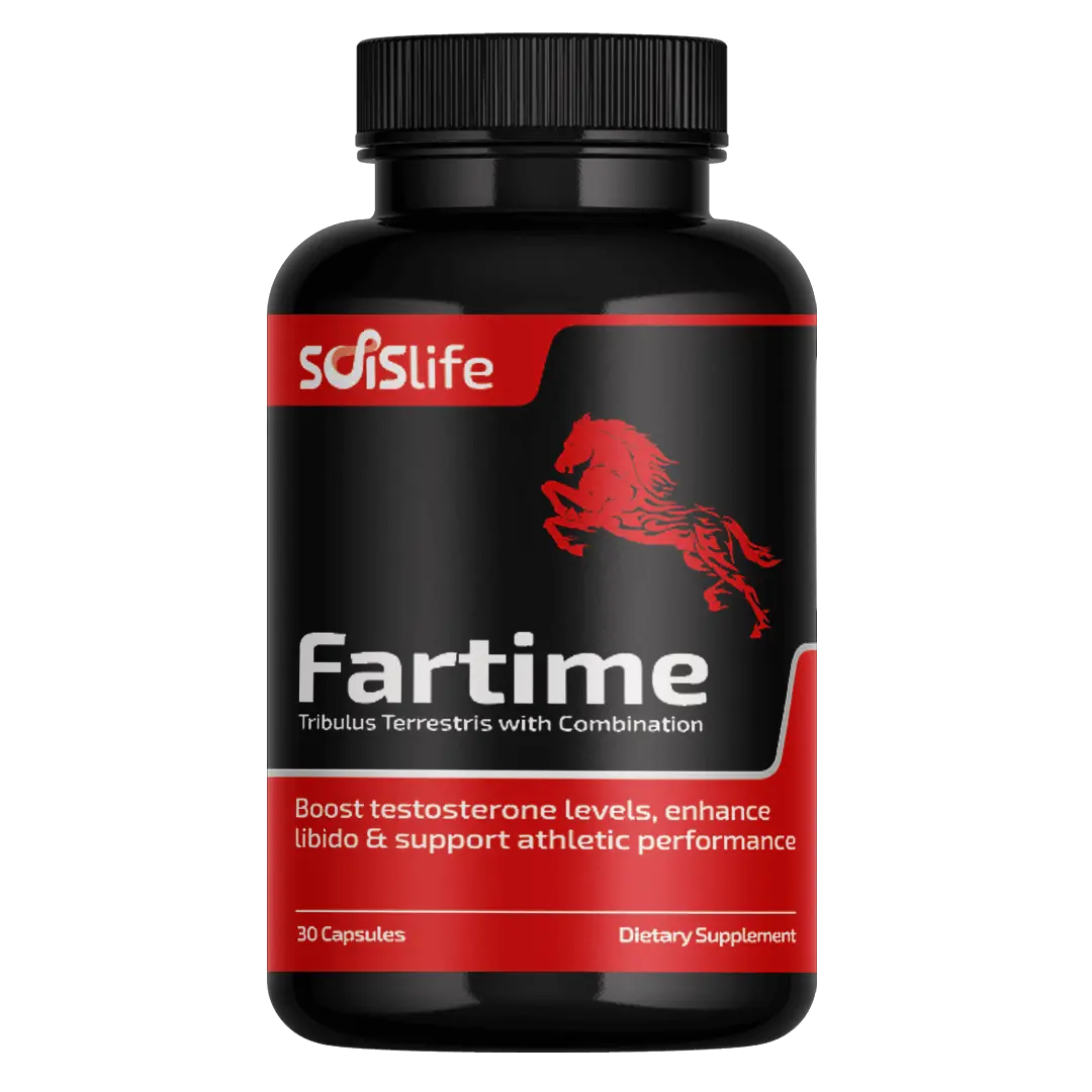 Supplement bottle labeled 'Fartime' with Soislife logo on a white background