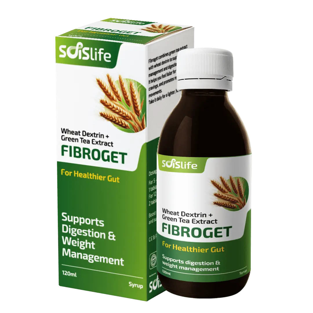Bottle of Fibroget supplement with white cap on a white background