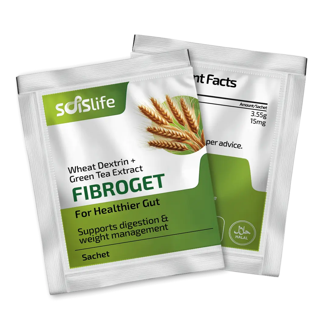 Box of soislife Fibroget with wheat dextrin and green tea extract on a white background