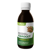 Bottle of Fibroget supplement with white cap on a white background