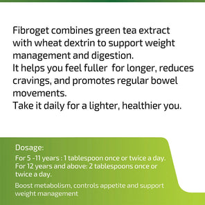 Product description card for Fibroget with text about its benefits and usage.