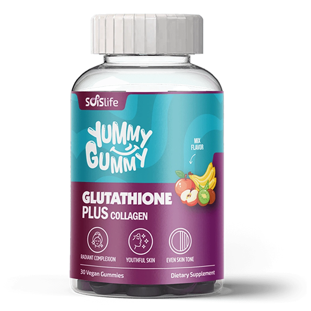 Supplement bottle labeled 'Yummy Gummy Glutathione Plus Collagen' with colorful label on a white background