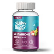 Supplement bottle labeled 'Yummy Gummy Glutathione Plus Collagen' with colorful label on a white background