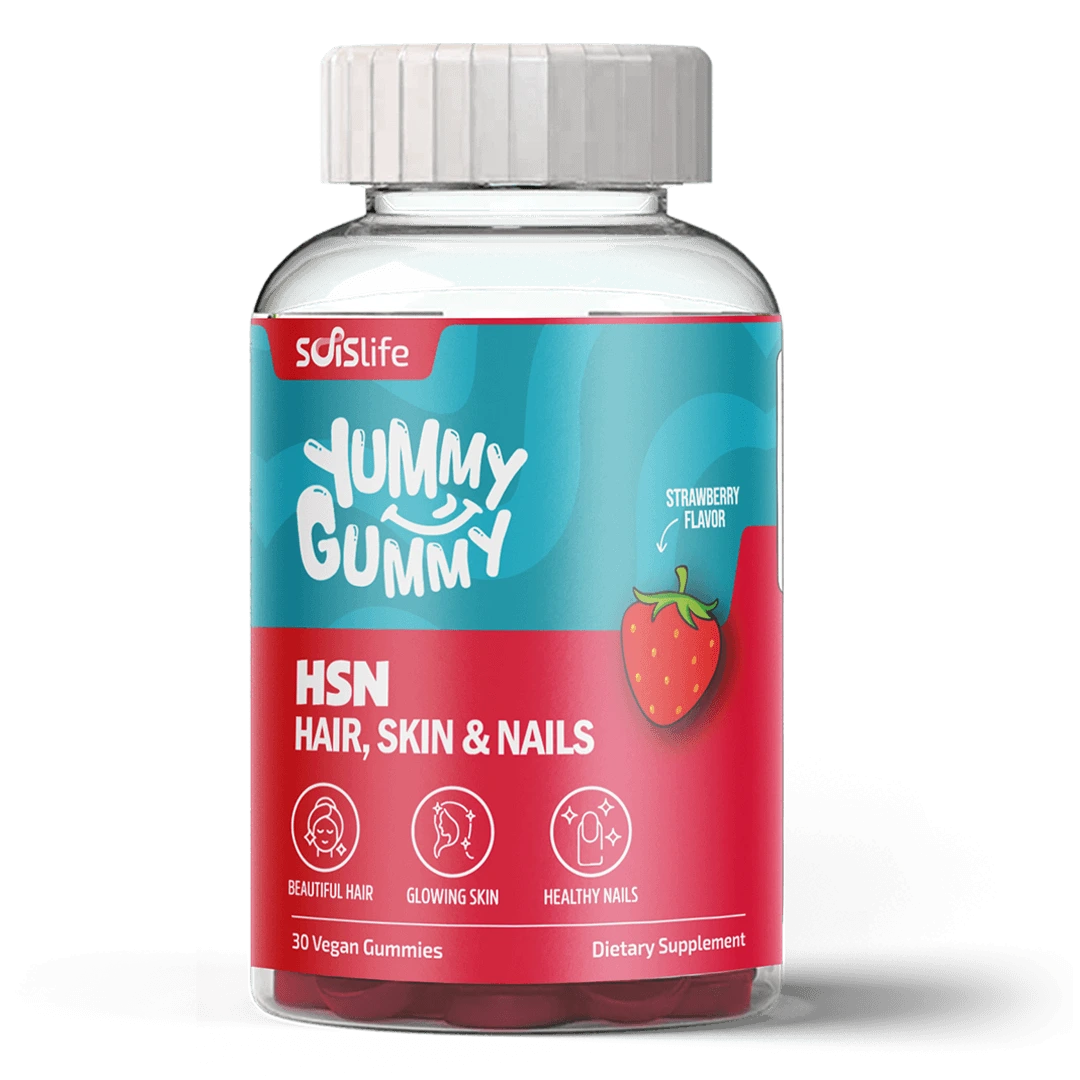 Supplement bottle labeled 'Yummy Gummy HSN Hair, Skin & Nails' with a strawberry flavor on a white background.