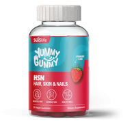 Supplement bottle labeled 'Yummy Gummy HSN Hair, Skin & Nails' with a strawberry flavor on a white background.