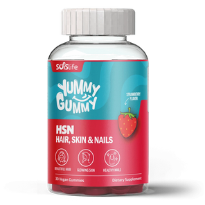 Supplement bottle labeled 'Yummy Gummy HSN Hair, Skin & Nails' with a strawberry flavor on a white background.