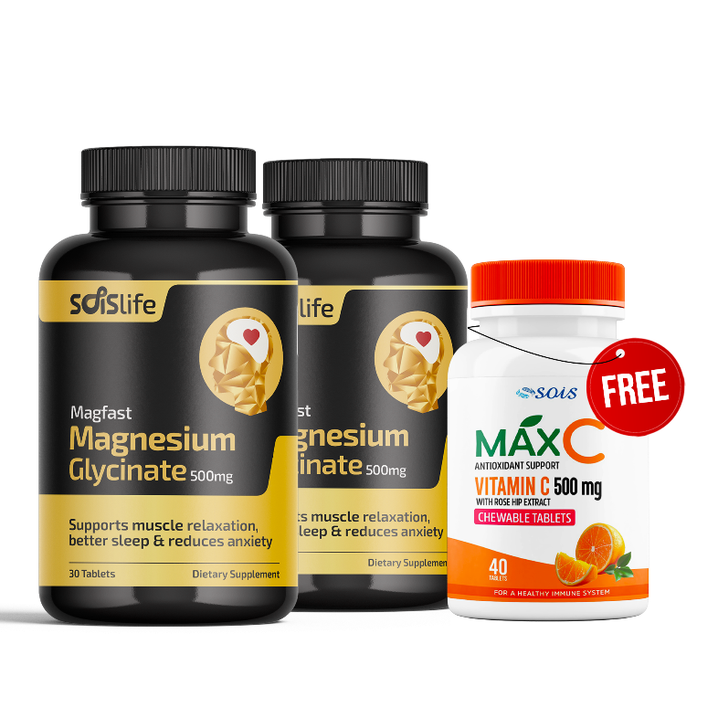 Two bottles of Magfast Magnesium Glycinate and a bottle of SOIS Max C Vitamin C on a white background