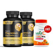 Two bottles of Magfast Magnesium Glycinate and a bottle of SOIS Max C Vitamin C on a white background
