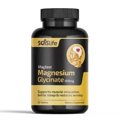 Supplement bottle labeled 'Magfast Magnesium Glycinate 500mg' by sdslife on a white background