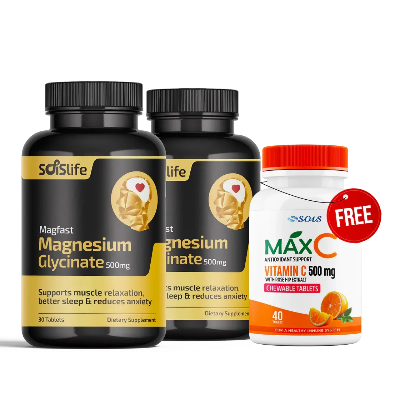 Supplement bottle labeled 'Magfast Magnesium Glycinate 500mg' by sdslife on a white background