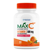 A bottle of MaxC Vitamin C 500mg chewable tablets by Sois Life Sciences with 40 chewable tablets inside. The label shows an orange cap, a depiction of a citrus fruit, and text highlighting the product's benefits for immune system support, skin health, and antioxidant properties.
