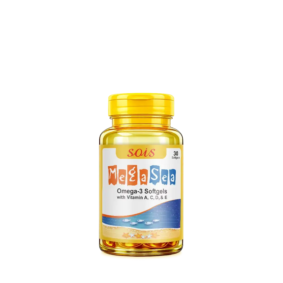 Bottle of Me & Sea Omega-3 Softgels with Vitamin A, C, D, E on a white background