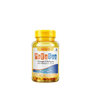 Bottle of Me & Sea Omega-3 Softgels with Vitamin A, C, D, E on a white background