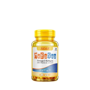 Bottle of Me & Sea Omega-3 Softgels with Vitamin A, C, D, E on a white background
