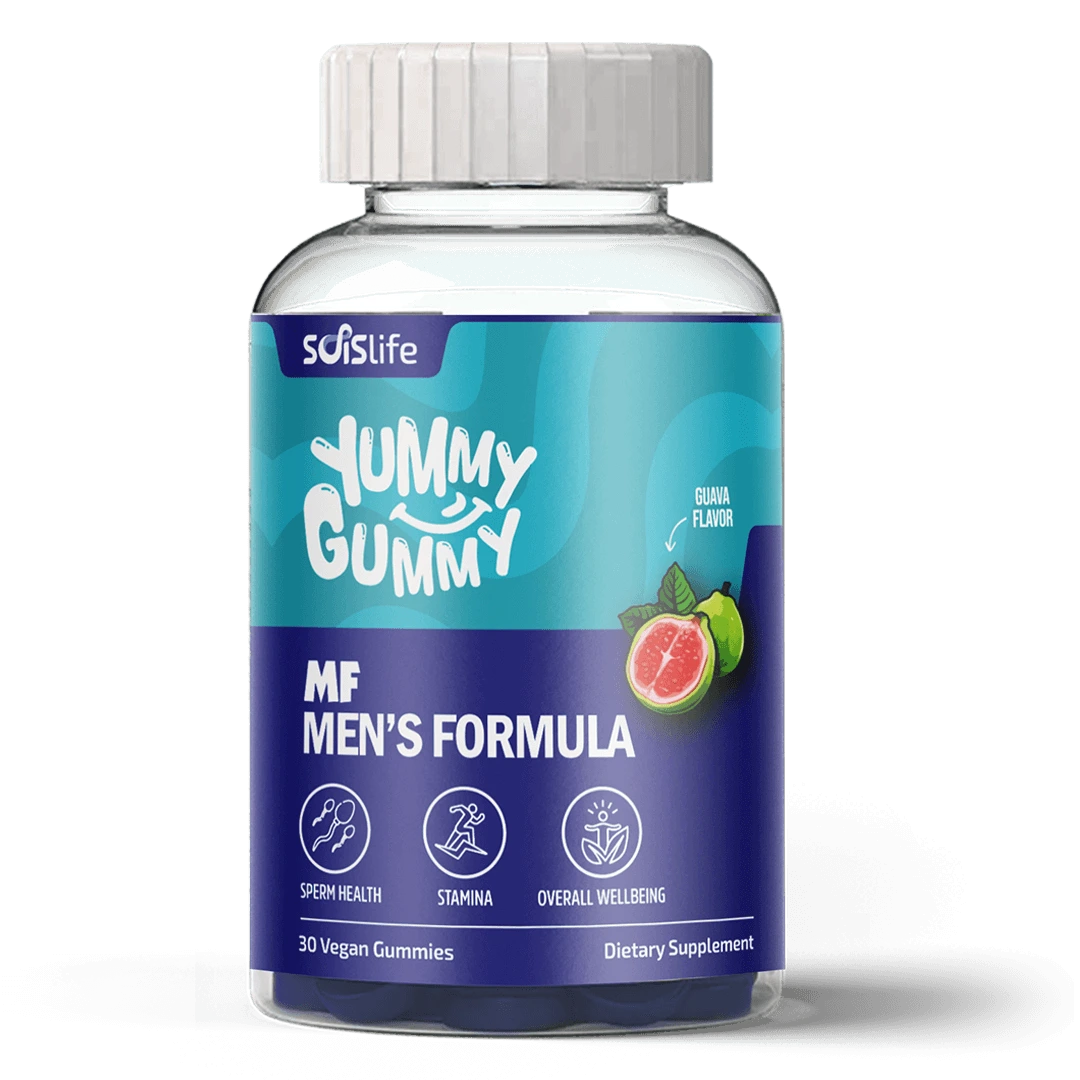 Supplement bottle labeled 'Yummy Gummy MF Men's Formula' with blue and white design on a white background