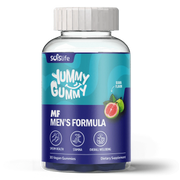 Supplement bottle labeled 'Yummy Gummy MF Men's Formula' with blue and white design on a white background
