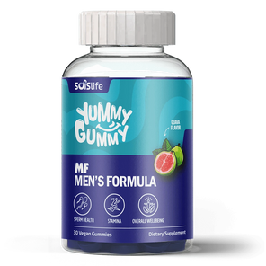 Supplement bottle labeled 'Yummy Gummy MF Men's Formula' with blue and white design on a white background