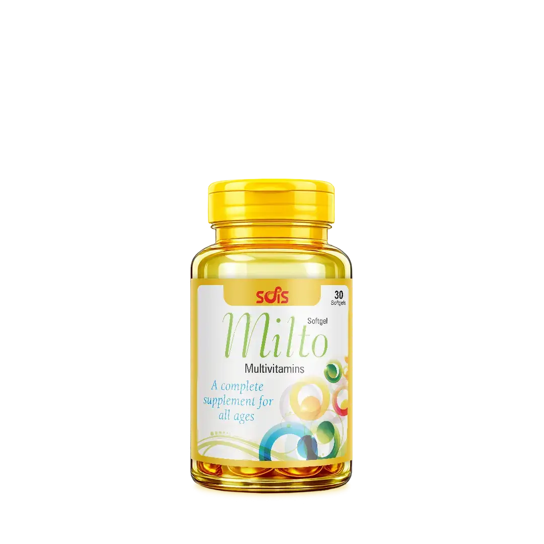 Multivitamin bottle labeled 'Milto' on a white background