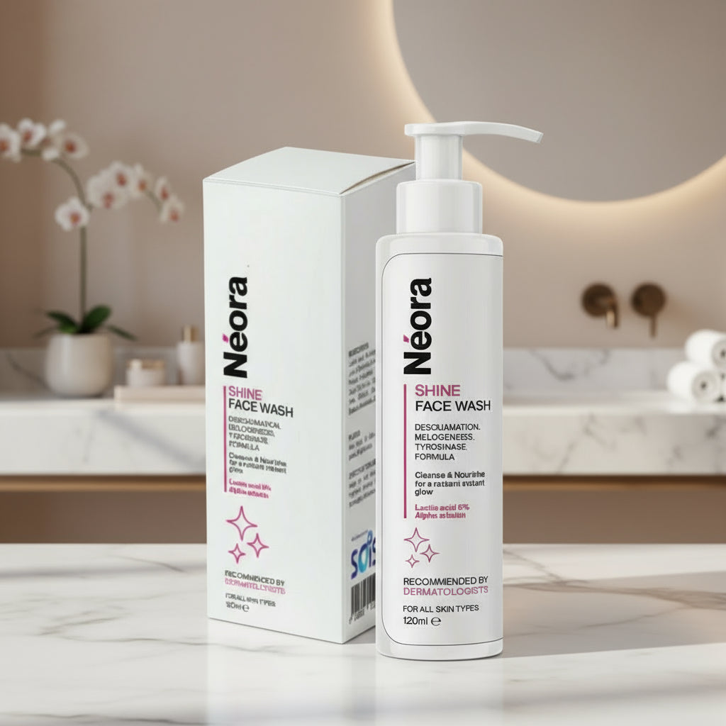 Neora Shine Face Wash bottle and packaging on a white background