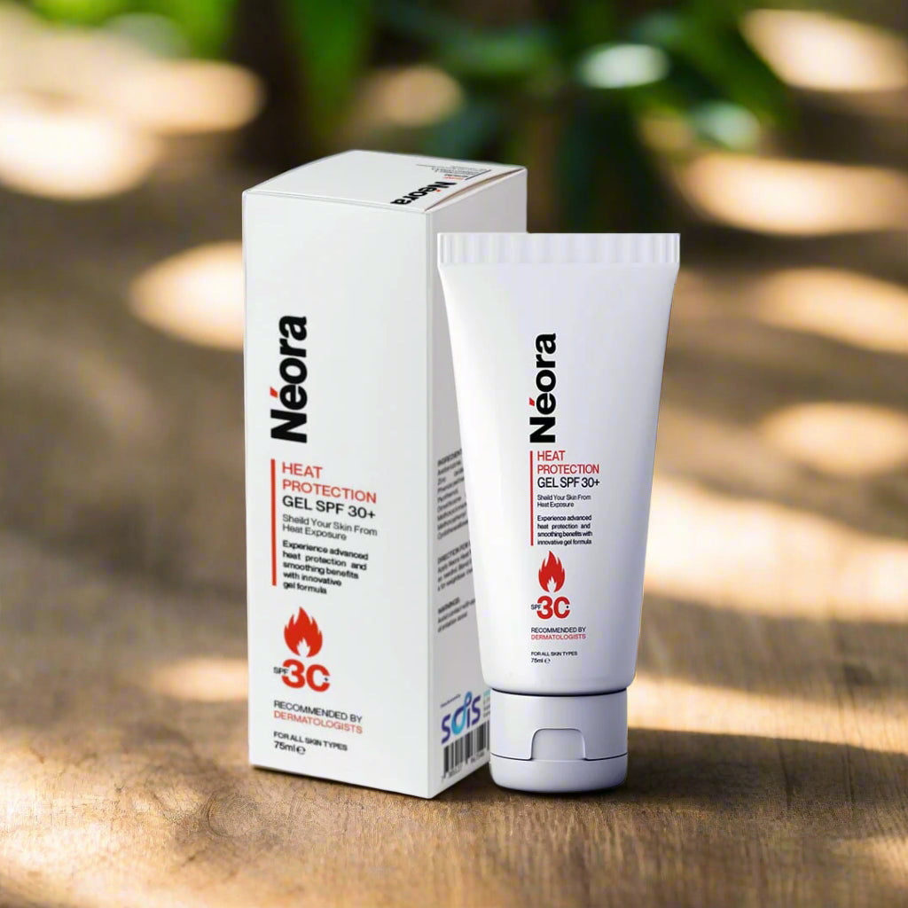 Neora heat protection gel SPF 30 with packaging on a white background