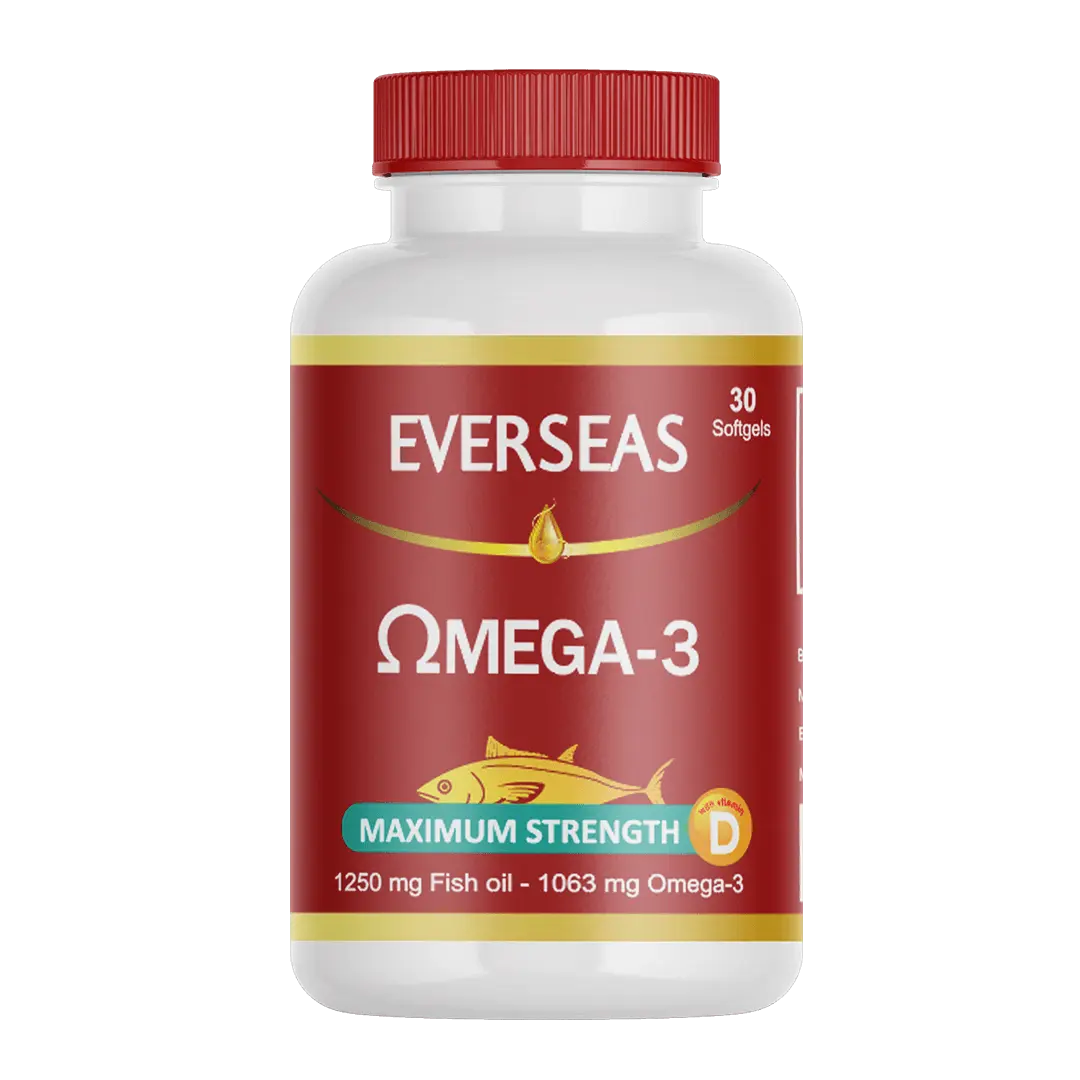 Everseas Omega-3 supplement bottle with red cap and label on a white background