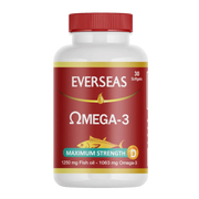 Everseas Omega-3 supplement bottle with red cap and label on a white background