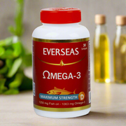 A bottle of Everseas Omega-3 Maximum Strength Softgels with a red label indicating 1200 mg fish oil and 1063 mg Omega-3, with 30 softgels inside.