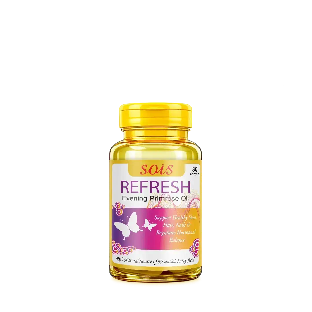 Bottle of SOiS Refresh Evening Primrose Oil on a white background