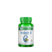 Solvit-E vitamin E supplement bottle with green cap on a white background