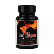 VegaMore supplement bottle with fiery design on a white background