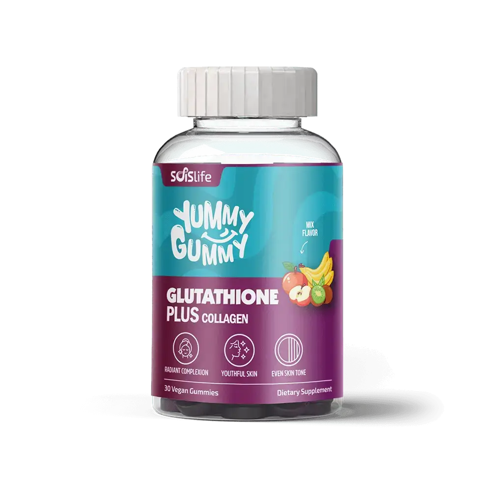 Supplement bottle labeled 'Yummy Gummy' with a purple and blue label on a white background