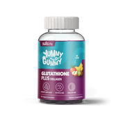 Supplement bottle labeled 'Yummy Gummy' with a purple and blue label on a white background