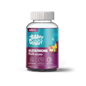 Supplement bottle labeled 'Yummy Gummy' with a purple and blue label on a white background