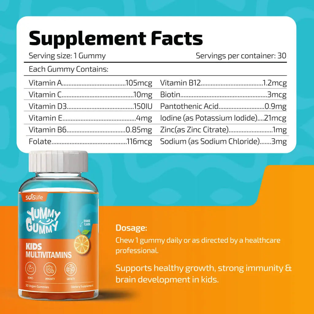 Yummy Gummy Kids Multivitamins bottle with supplement facts on a blue and orange background