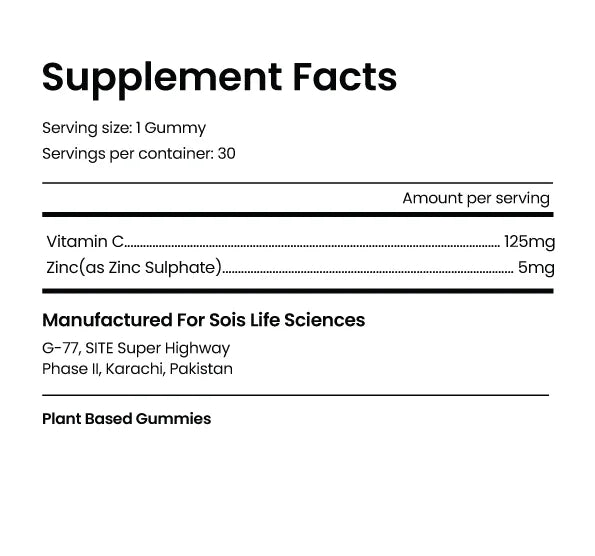 Yummy Gummy Vitamin C Plus Zinc supplement facts