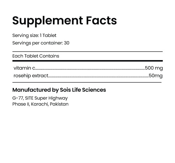 MaxC - Vitamin C 500mg  Chewable 30 Tablets supplement facts